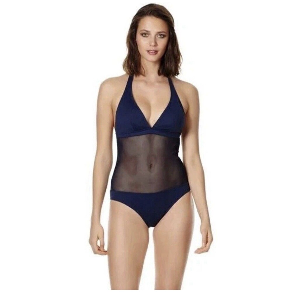 Vilebrequin Fauve Navy Blue Mesh Insert Monokini Halter One Piece Swimsuit US 8